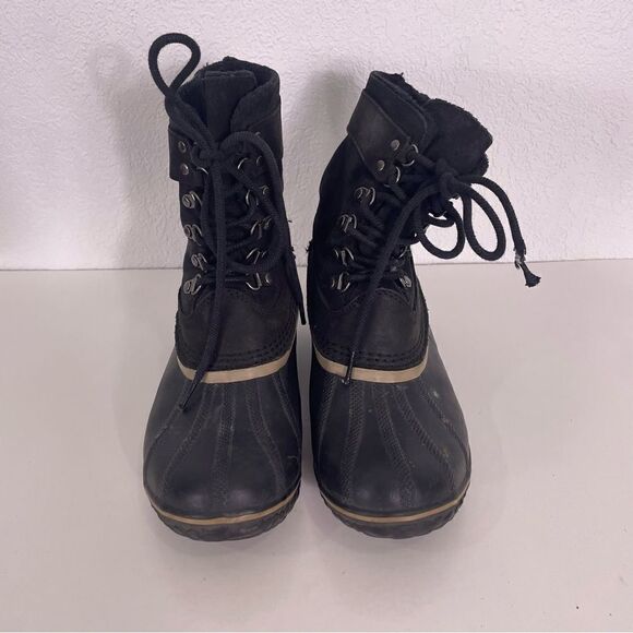 Sorel Black Leather Mid Calf Lace Up Winter Boots - Picture 4 of 10